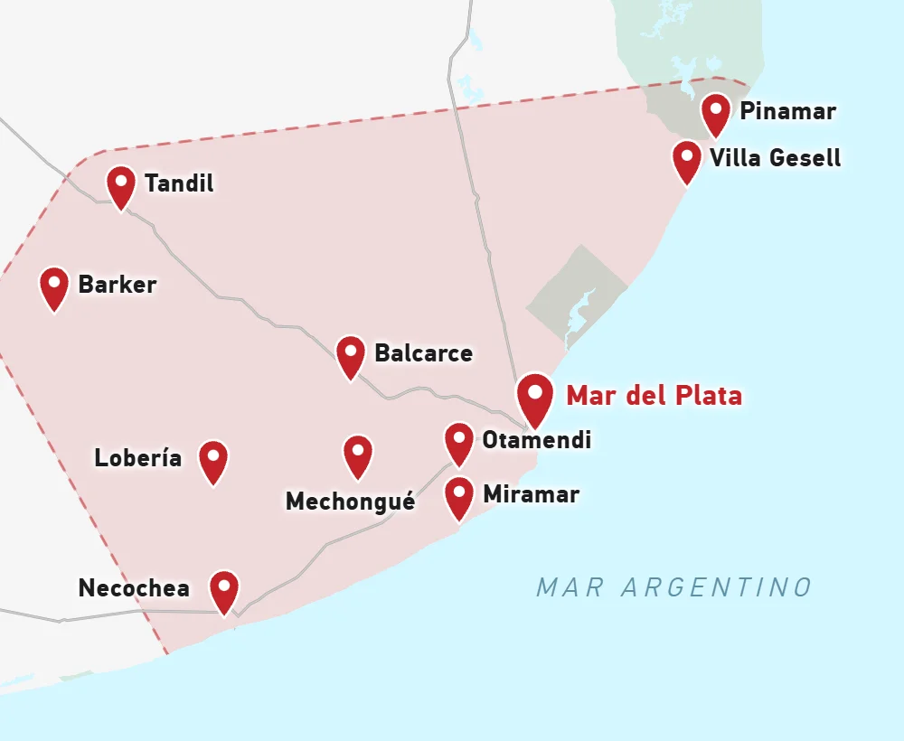 Mapa del área de cobertura de Canal 10: Tandil, Barker, Balcarce, Lobería, Mechongué, Necochea, Otamendi, Miramar, Mar del Plata, Villa Gesell y Pinamar